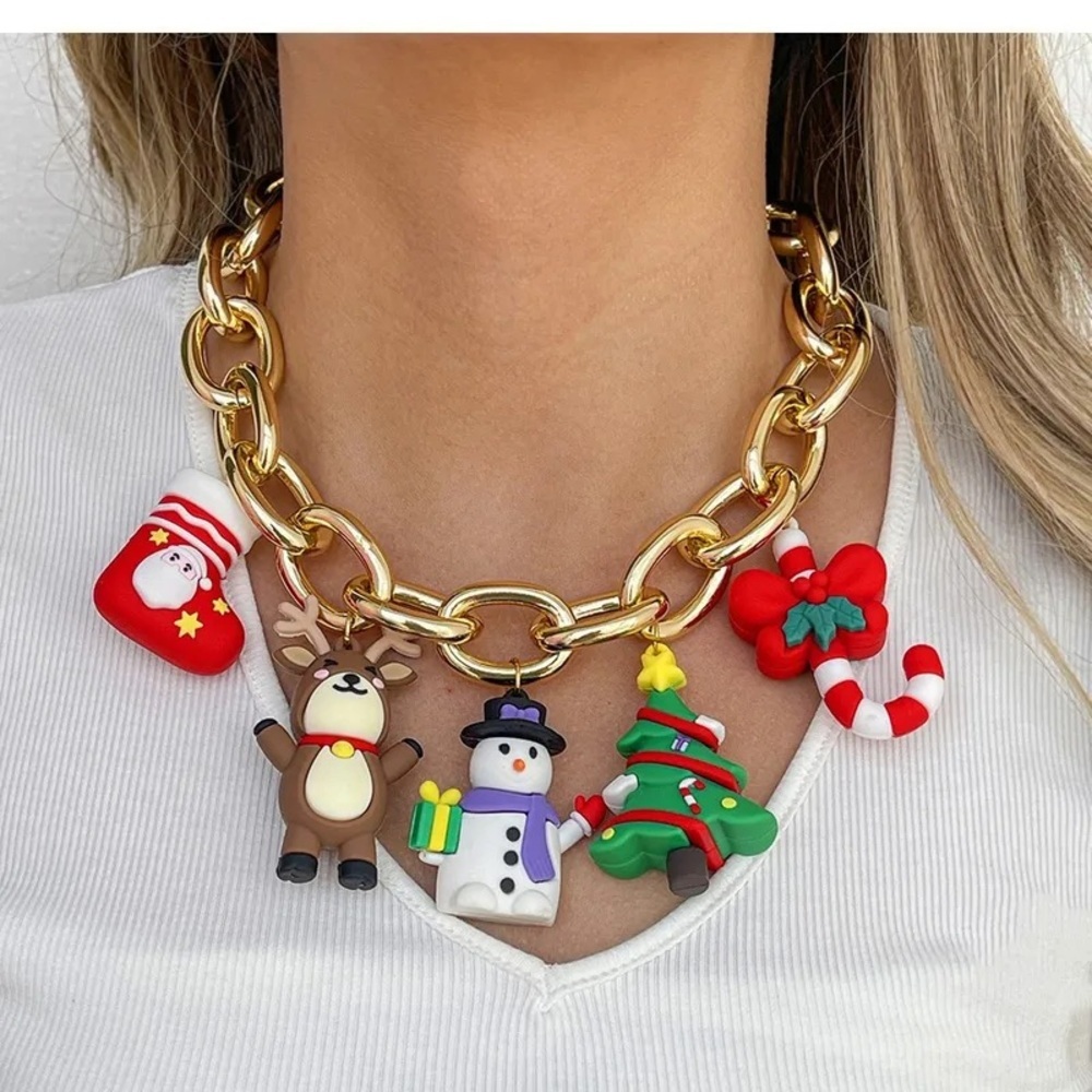 Fun Christmas Statement Necklace Chocker Chunky Christmas Charms - 17.5”-19.5”